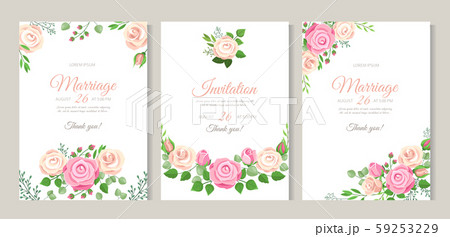 Wedding card with roses. Red, white and pink roses with leaves. Wedding floral romantic decor for 59253229
