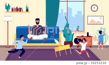 Calm dad and kids. Father meditates among running naughty, mischievous children creating chaos in 59253230