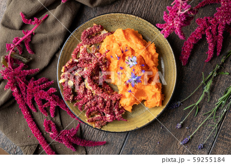 Fried Amaranthus caudatus flowers and sweet potato puree 59255184