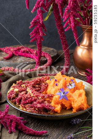 Fried Amaranthus caudatus flowers and sweet potato puree Fried Amaranthus caudatus flowers and sweet potato puree 59255185