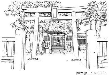 漫画風ペン画イラスト 神社のイラスト素材