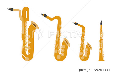 サックス4種のベクターイラストセット オーケストラ ブラスバンド 吹奏楽部 音楽のイラスト素材