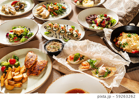 Christmas banquet with many dishes, top view 59263262