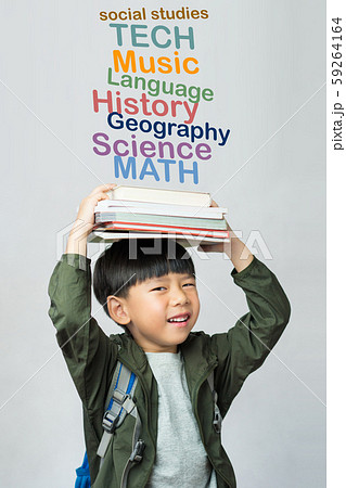 'Back to school' A lovely little boy holding his lesson books on his head with graphic show main subjects for school kids. Education, Smart, Child development, Genius, Intelligent, High-IQ concept 59264164