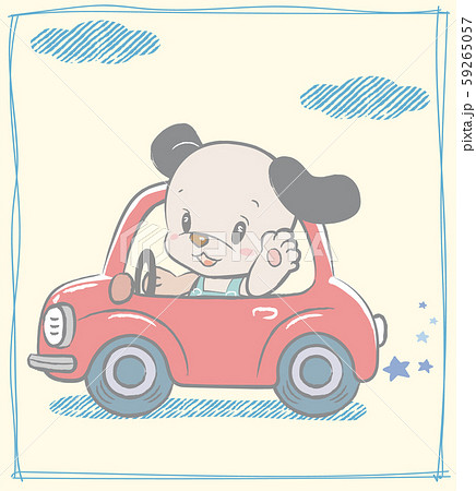 おもちゃの車に乗る赤ちゃん犬のイラスト 赤ちゃん用品 グリーティングカードなどにのイラスト素材