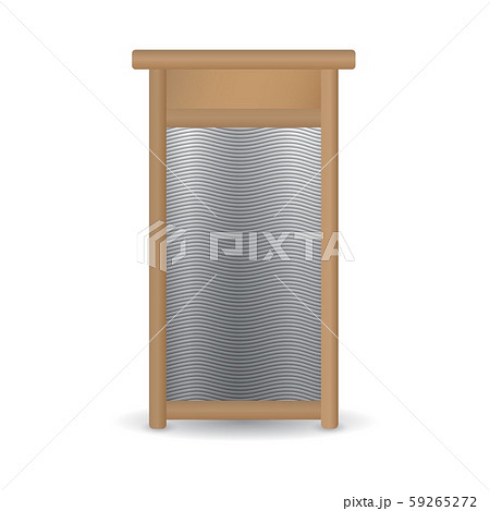 Vector realistic hand ribbed metal washboard in wooden frame 59265272
