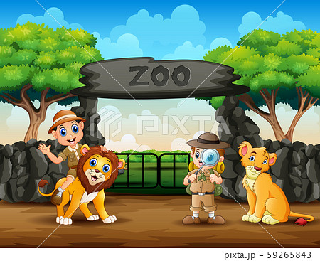 The Zookeeper Boys And Wild Animals In The Zoo Stock Illustration