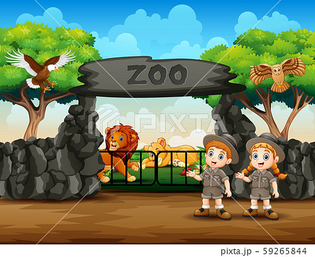 Zookeeper And Wild Animals At Zoo Entranceのイラスト素材