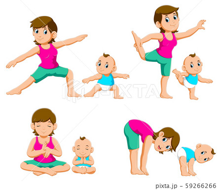 Collection of Young mothers and their babies doing yoga exercises 59266266