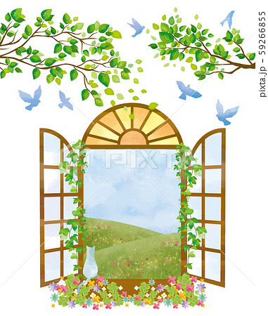 フレーム 窓 洋窓 洋風 青空 青い鳥 鳥 水彩 かわいい 木 木々 自然のイラスト素材