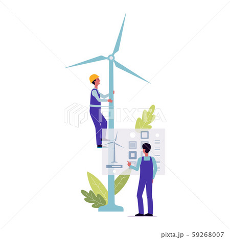 Windmill repair - cartoon maintenance worker man climbing the energy mill Windmill repair - cartoon maintenance worker man climbing the energy mill 59268007