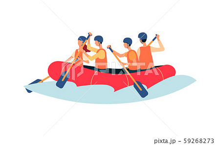 River rafting - cartoon people rowing in inflatable boat wearing safety vests 59268273