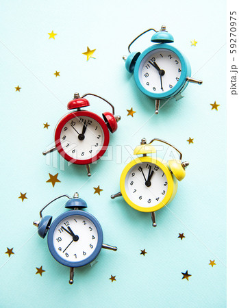 Flat lay Christmas composition with color clocks 59270975