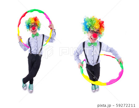 Funny clown with hula hoop on white 59272211