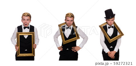 Young man holding frame isolated on white 59272321