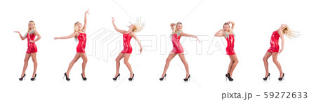 Blondie in red sparkling mini dress isolated on white 59272633