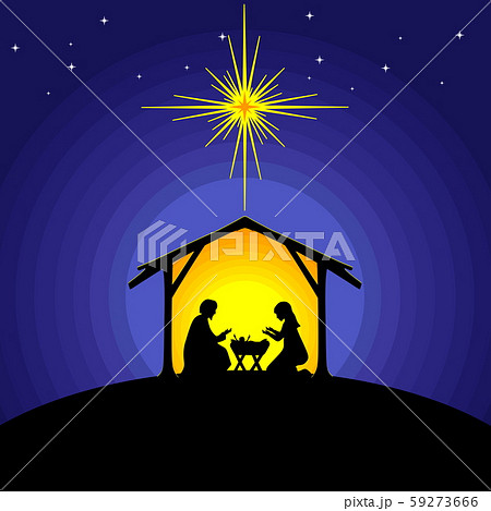 Biblical illustration. Christmas story. Mary and Joseph with the baby Jesus. Nativity scene near the city of Bethlehem. 59273666