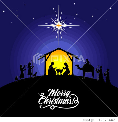 Biblical illustration. Christmas story. Mary and Joseph with the baby Jesus. Nativity scene near the city of Bethlehem. The shepherds and the wise men Biblical illustration. Christmas story. Mary and Joseph with the baby Jesus. Nativity scene near the city of Bethlehem. The shepherds and the wise men 59273667