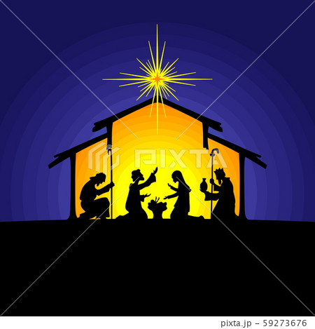 Biblical illustration. Christmas story. Mary and Joseph with the baby Jesus. Nativity scene near the city of Bethlehem. The shepherds and the wise men 59273676