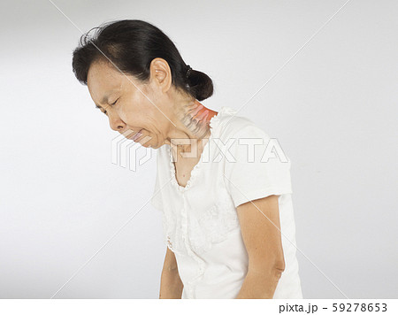 old asian woman feel neck bones pain  59278653