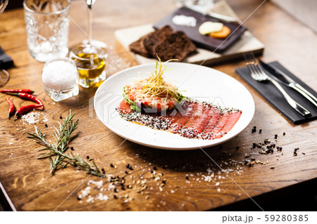 Tuna sashimi served on a plate in restaurant Tuna sashimi served on a plate in restaurant 59280385