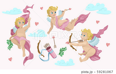 Set of Cupids. Cupid quiver and arrows against the sky. Angels flying across the sky. Print for Set of Cupids. Cupid quiver and arrows against the sky. Angels flying across the sky. Print for 59281067