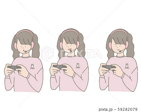 ヘッドセットをつけてゲームをする女の子のイラスト素材 59282079 Pixta