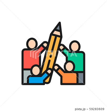 People hold big pencil flat color line icon. 59283609