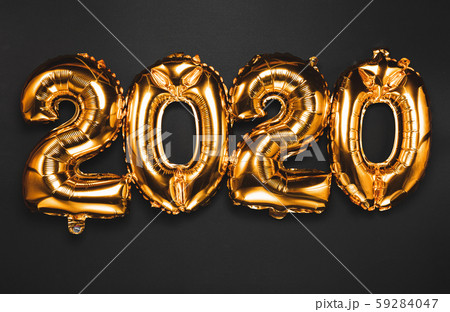 Happy New year 2020 celebration. Bright gold balloons figures, New Year Balloons with glitter stars 59284047