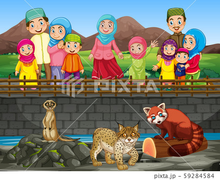 Scene with people looking at animals at the zoo 59284584