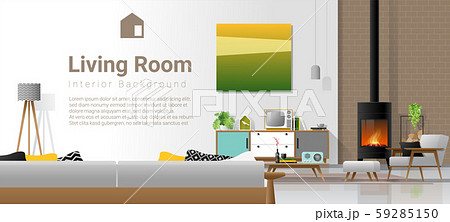 Living room interior background with fireplace and furniture in modern retro style Living room interior background with fireplace and furniture in modern retro style 59285150