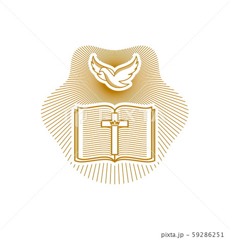 Church logo. Christian symbols. Dove, open bible and cross of Jesus Christ. 59286251