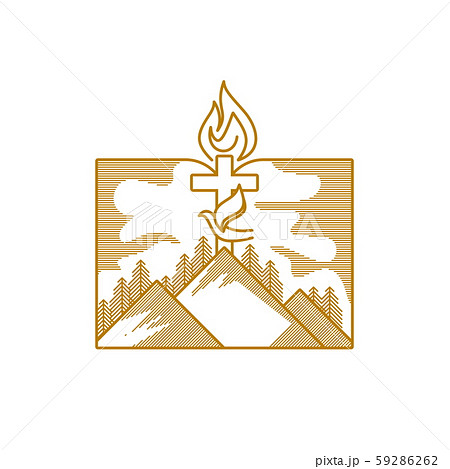 Church logo. Christian symbols. Mountains, the cross of Jesus Christ, a dove and a flame against the background of an open bible. Church logo. Christian symbols. Mountains, the cross of Jesus Christ, a dove and a flame against the background of an open bible. 59286262