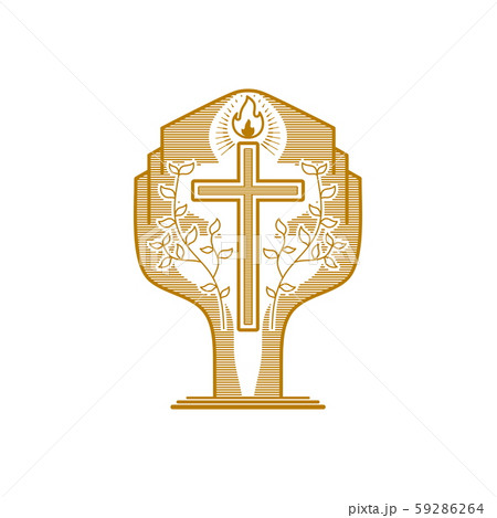 Church logo. Christian symbols. The cross of Jesus and the flame of the Holy Spirit against the background of the tree of eternal life. 59286264