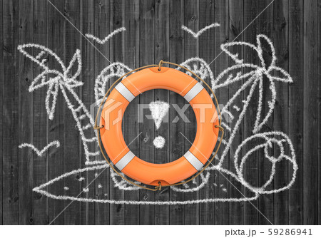 3d rendering of orange lifebuoy ring with tropical island drawn on blackboard background 59286941