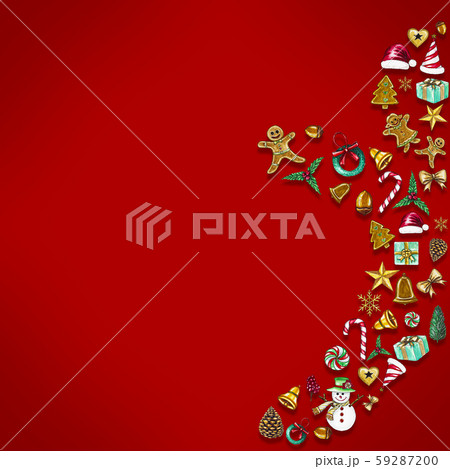 Christmas objects paint with watercolor laid out in the shape of a gingerbread for your background,Concept of merry Christmas and a happy New Year. 59287200
