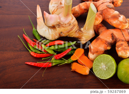 ingredients for Thai food on wooden board. ingredients for Thai food on wooden board. 59287869