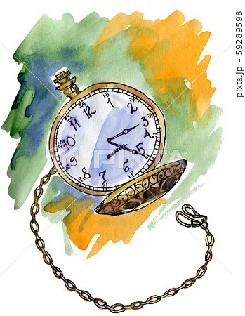 Hand drawn vintage postcard. A pocket watch on abstract background with Watercolor Stains 59289598