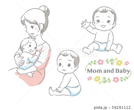 手書き風 乳児赤ちゃんとママのセット 薄塗りトーンのイラスト素材