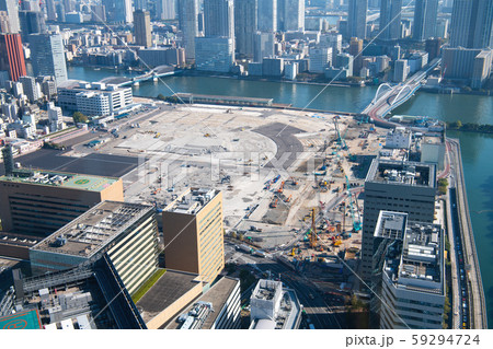 日本の東京都市景観 築地市場跡地。扇形の建物もきれいに取り壊された＝2019年11月6日撮影 59294724