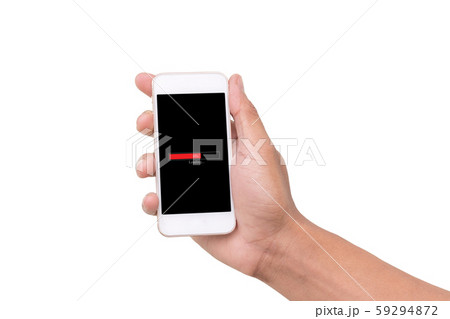 Hand holding mobile phone with written loading on 59294872