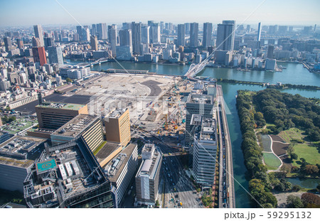 日本の東京都市景観 築地市場跡地。扇形の建物もきれいに取り壊された＝2019年11月6日撮影 59295132