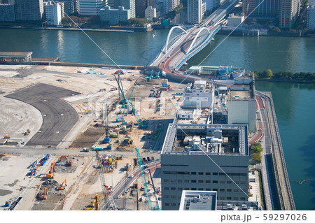日本の東京都市景観 築地市場跡地。扇形の建物もきれいに取り壊された＝2019年11月6日撮影 59297026