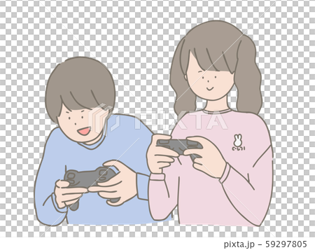 ゲームをする女の子と男の子のイラスト素材