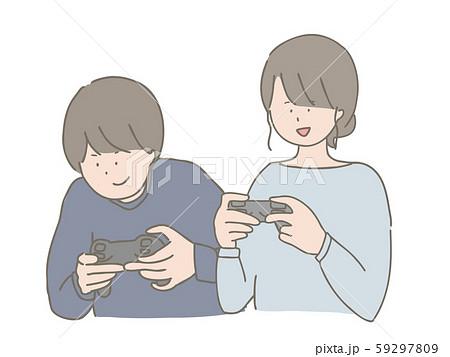 ゲームをする女の子と男の子のイラスト素材