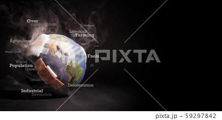 White smoke cover around the globe (world) with bandages, words showing causes of global warming - Fossil Fuels, Deforestation, Livestock Farming, Agriculture, Industrial Revolution, Overconsumption. 59297842