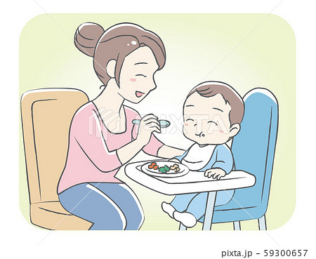 離乳食を赤ちゃんに食べさせるママ 手書き風カットのイラスト素材