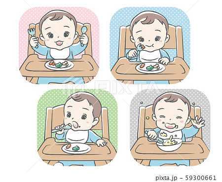 離乳食を食べる赤ちゃん 4ポーズセット のイラスト素材