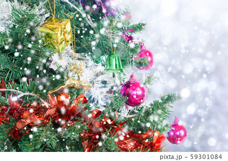 Closeup of Christmas tree with light, snow flake. Closeup of Christmas tree with light, snow flake. 59301084