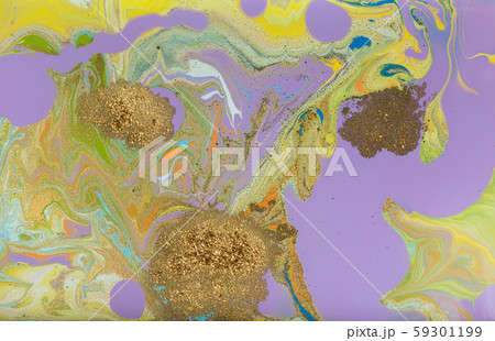 Yellow and light purple marble pattern with golden glitter. Abstract liquid background Yellow and light purple marble pattern with golden glitter. Abstract liquid background 59301199